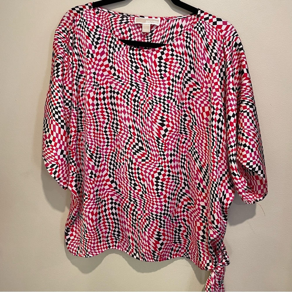 💚Michael Kors blouse top with side tie, black red and white checkered Chic